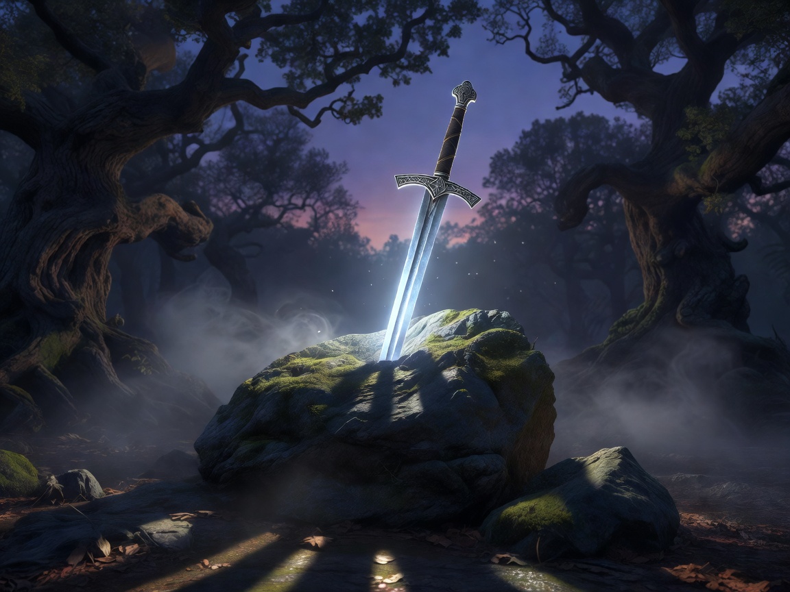 Excalibur sword glowing in the stone